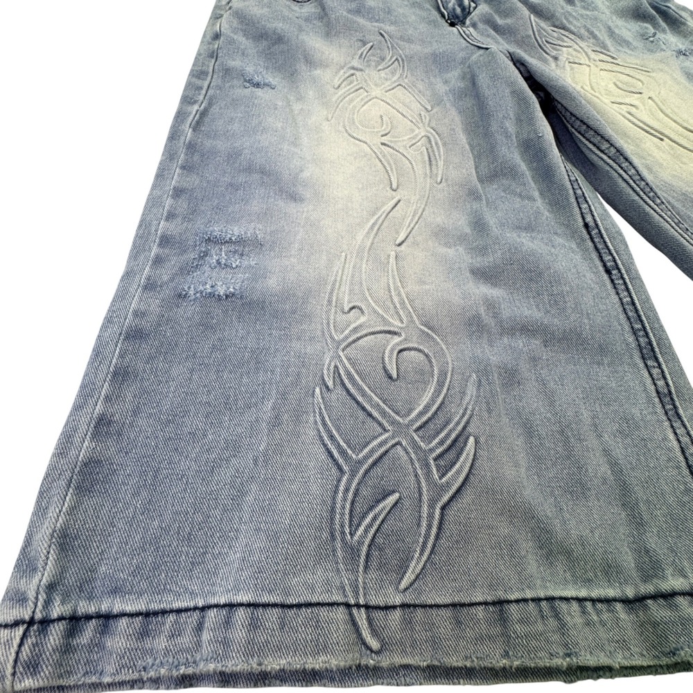 Austin Landing Women's Wide Leg Size 7 Denim Shorts Flame Tattoo Print Y2K Baggy
